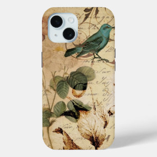vintage Mädchen-Rosen-Schriftarten Vogel Blumenmod iPhone 15 Hülle