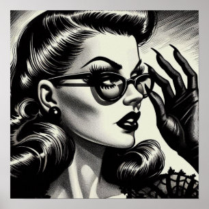 Vintage Mädchen Schwarz-Weiß-Zeichnung Poster