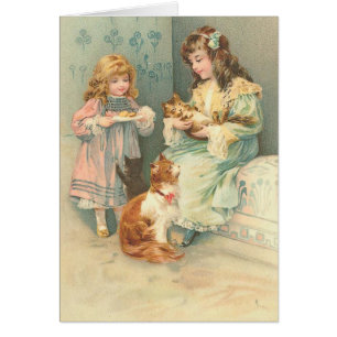 Vintage - Mädchen-Spielzeit mit Katze und Kätzchen