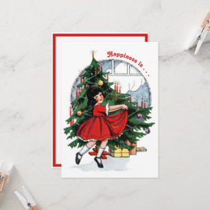 Vintage-Mädchen tanzt um den Weihnachtsbaum Karte