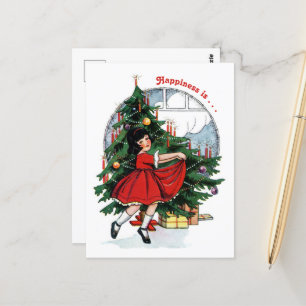 Vintage Mädchen tanzt um den Weihnachtsbaum Postkarte