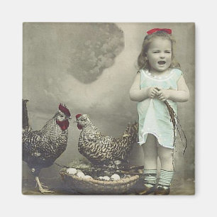 Vintage Mädchen und Hühner Magnet