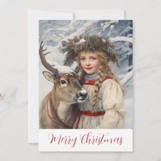 Vintage Mädchen und Rentier Weihnachtskarte Feiertagskarte