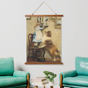 Vintage Mädchen und Sheltie Hund Kunst Geheimort Wandteppich Mit Holzrahmen