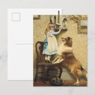 Vintage Mädchen und Sheltie-Hunde-Kunst Geheimort Postkarte