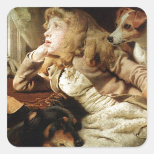 Vintage Mädchen und zwei Hunde Grunge gerahmt Quadratischer Aufkleber