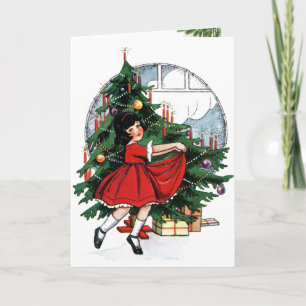 Vintage Mädchen zu Hause Weihnachtsbaum Morgen Feiertagskarte