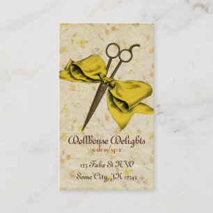 vintage, mädchenhafter Friseur, gelbe Schere mit S Visitenkarte
