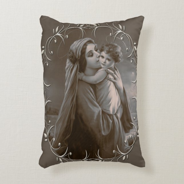 Vintage Madonna und Kind mit Silberrahmen Dekokissen (Vorderseite(Vertikal))