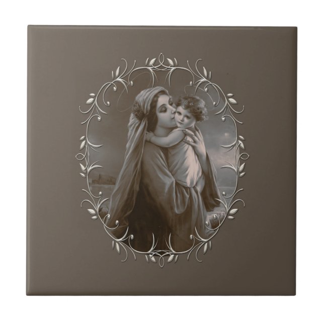Vintage Madonna und Kind mit Silberrahmen Fliese (Vorderseite)