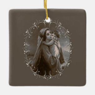 Vintage Madonna und Kind mit Silberrahmen Keramikornament