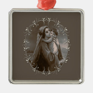Vintage Madonna und Kind mit Silberrahmen Ornament Aus Metall