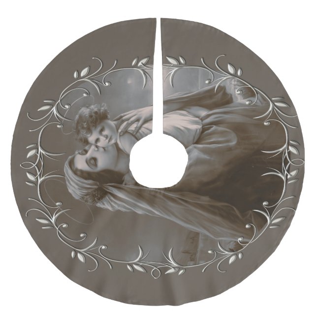Vintage Madonna und Kind mit Silberrahmen Polyester Weihnachtsbaumdecke (Vorderseite)