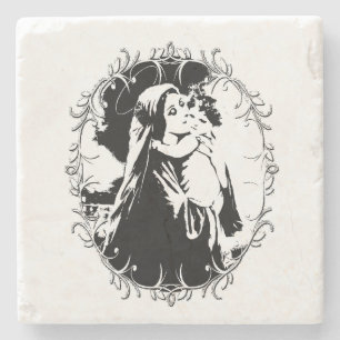 Vintage Madonna und Kind mit Silberrahmen Steinuntersetzer