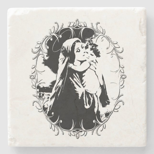 Vintage Madonna und Kind mit Silberrahmen Steinuntersetzer (Vorderseite)