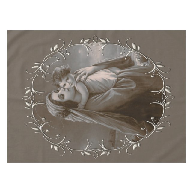 Vintage Madonna und Kind mit Silberrahmen Tischdecke (Vorderseite (Horizontal))