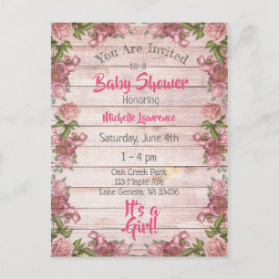 Vintage Magenta Rosen Distressed Holz Baby Shower Postkarte