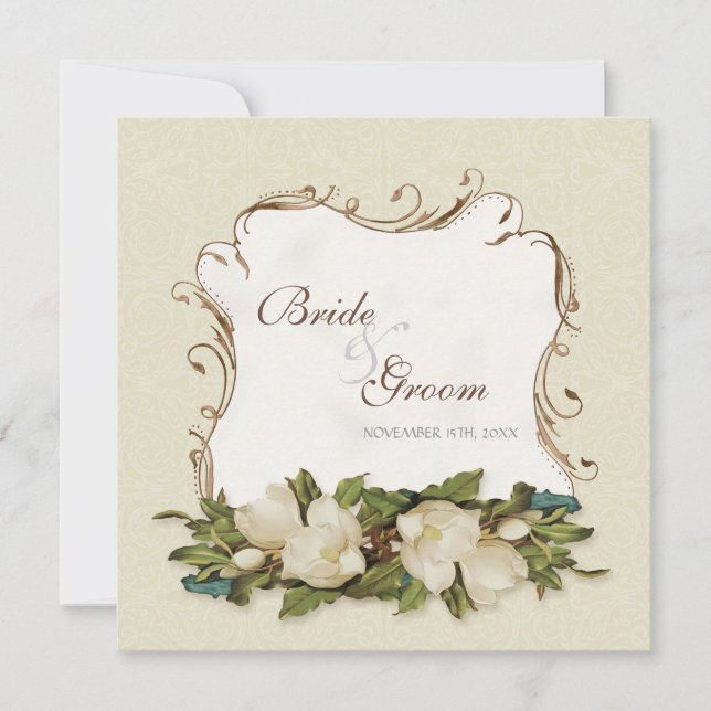 Vintage Magnolia Wirbel Damask Wedite Einladung (Vorderseite)