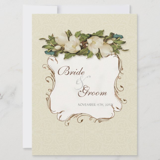 Vintage Magnolia Wirbel Damask Wedite Einladung (Vorderseite)