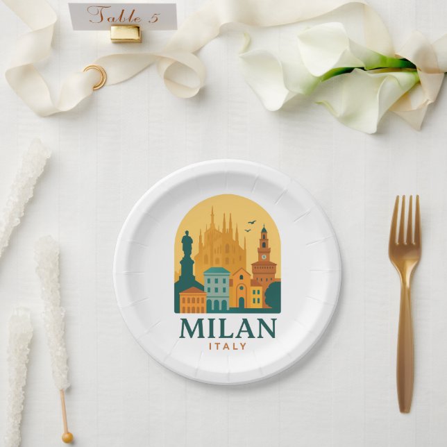 Vintage Mailand-Italien-Teller | Retro Duomo Pappteller (Hochzeit)