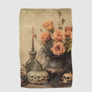 Vintage makabre Rosen Totenköpfe Sepia Golfhandtuch