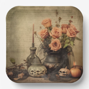 Vintage makabre Rosen Totenköpfe Sepia Pappteller