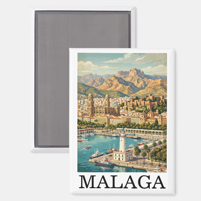Vintage Malaga Spanien Reise Kunstwerk Magnet (Vorderseite/Rückseite)