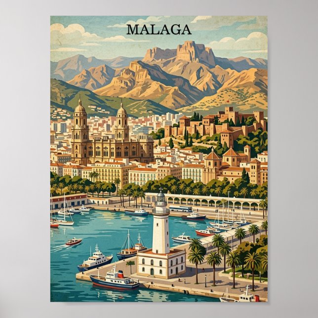 Vintage Malaga Spanien Reise Kunstwerk Poster (Vorne)