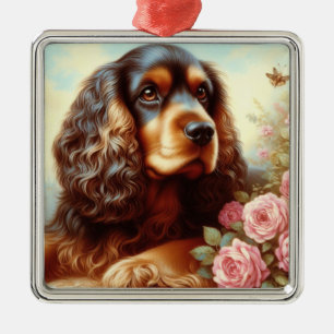 Vintage-Malerei eines Cocker Spaniels Ornament Aus Metall