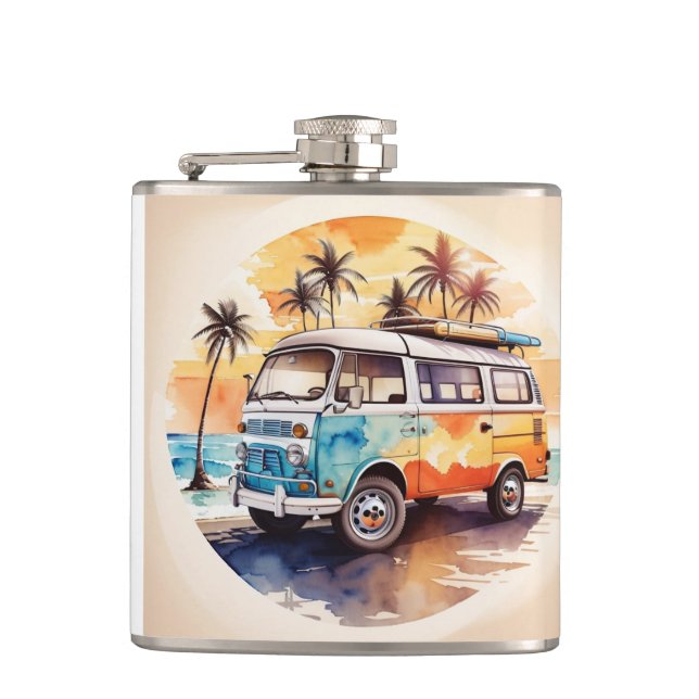 Vintage Malerei Minibus am Strand Flachmann (Vorderseite)