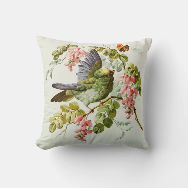 Vintage Malereirosagrünvogel boho Chic-Blumen Kissen (Vorderseite)