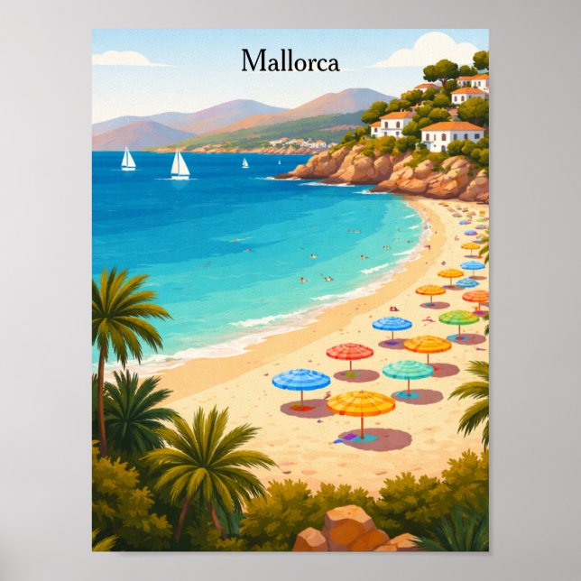 Vintage Mallorca Spain Travel Beach Illustration Poster (Vorne)