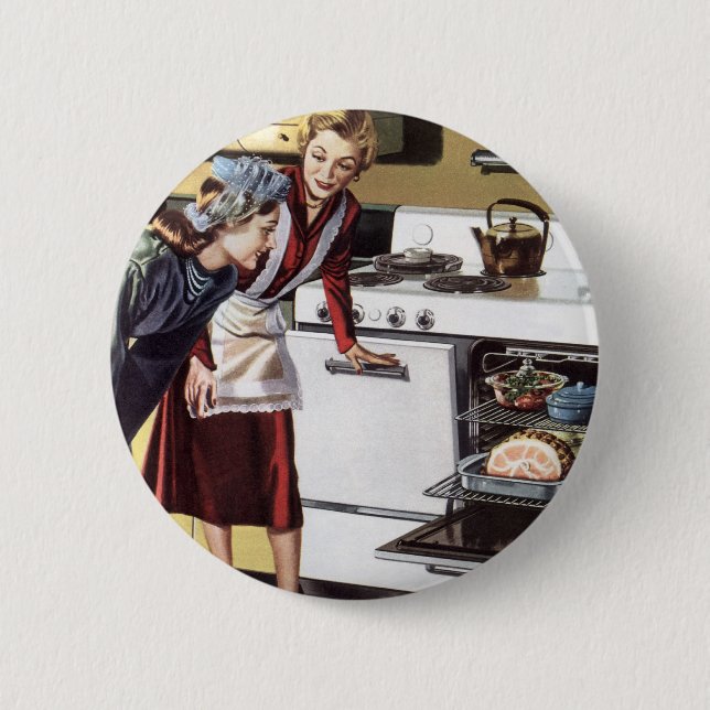 Vintage Mama in der Küche Kochen und Osterbrunnen Button (Vorderseite)