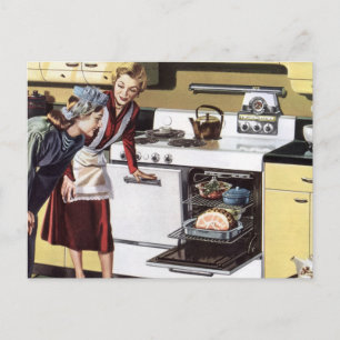 Vintage Mama in der Küche Kochen und Osterbrunnen Postkarte