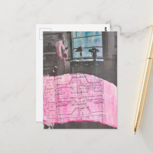 Vintage Mann denkt und plant, schaut aus dem Fenst Postkarte