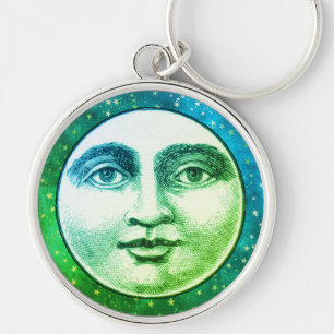 Vintage Mann im Mond Vollmond Gesicht Blaugrün Grü Schlüsselanhänger