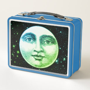Vintage Mann im Mond Vollmond Gesicht Blaugrün Metall Brotdose
