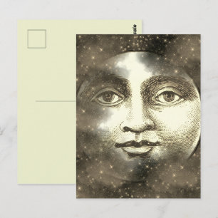 Vintage Mann im Mond Vollmond Gesicht Stern Wolken Postkarte