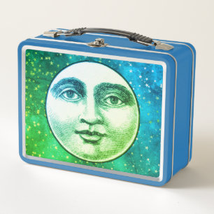 Vintage Mann im Mond Vollmond Gesicht Türkis Blau Metall Brotdose