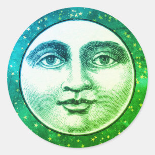 Vintage Mann im Mond Vollmond Gesicht Türkis Blau Runder Aufkleber