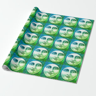 Vintage Mann im Mond Vollmond Gesicht Türkisblauer Geschenkpapier