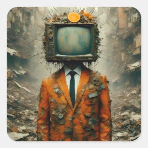 Vintage-Mann mit einem Fernseher auf dem Kopf Zerf Quadratischer Aufkleber