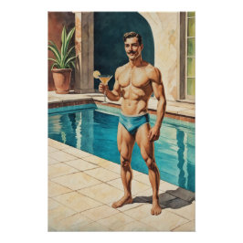 Vintage Männer Pin-up Zaddy | Retro Pool-Side Hunk Poster