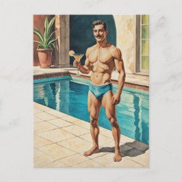 Vintage Männer Pin-up Zaddy | Retro Pool-Side Hunk Postkarte