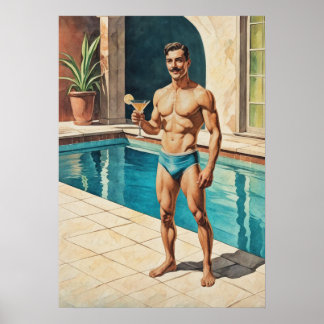 Vintage Männer Pinup Zaddy | Retro Pool-Side Hunk Poster