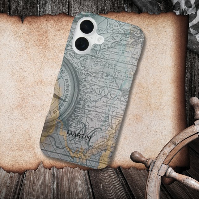 Vintage Map Compass Monogram iPhone 16 Hülle (Von Creator hochgeladen)