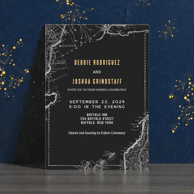 Vintage Map Gold on Black Wedding Invitation Einladung (Von Creator hochgeladen)