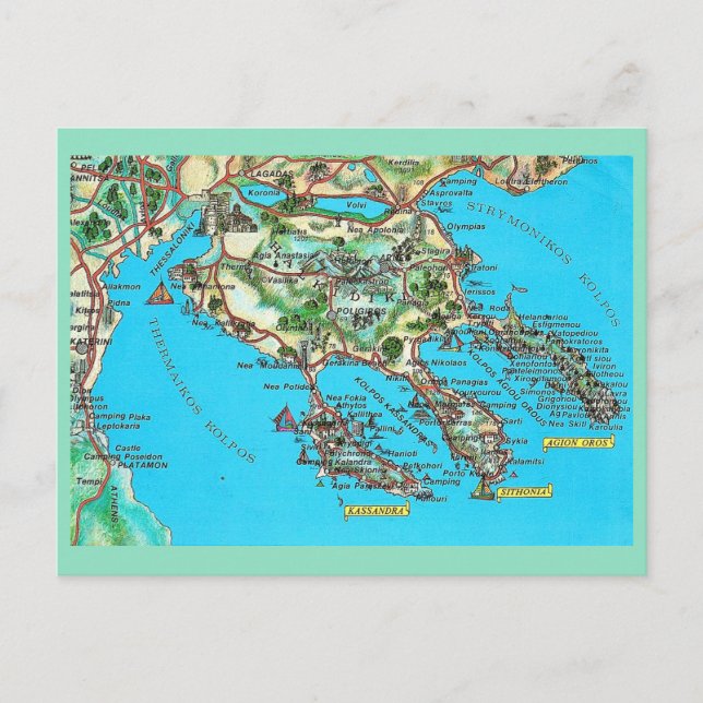 Vintage Map of Halkidiki Greece Postcard Postkarte (Vorderseite)