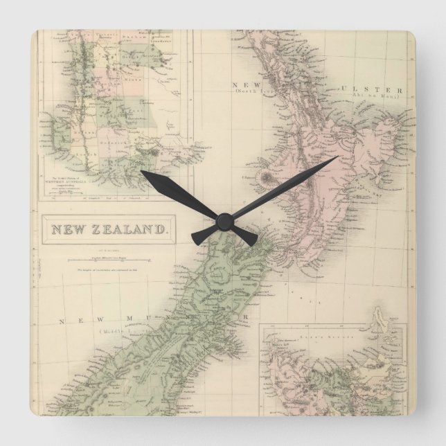 Vintage Map of New Zealand (1854) Quadratische Wanduhr (Vorderseite)