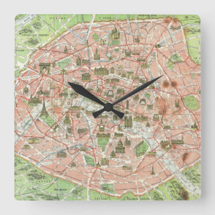 Vintage Map of Paris (1920) Quadratische Wanduhr